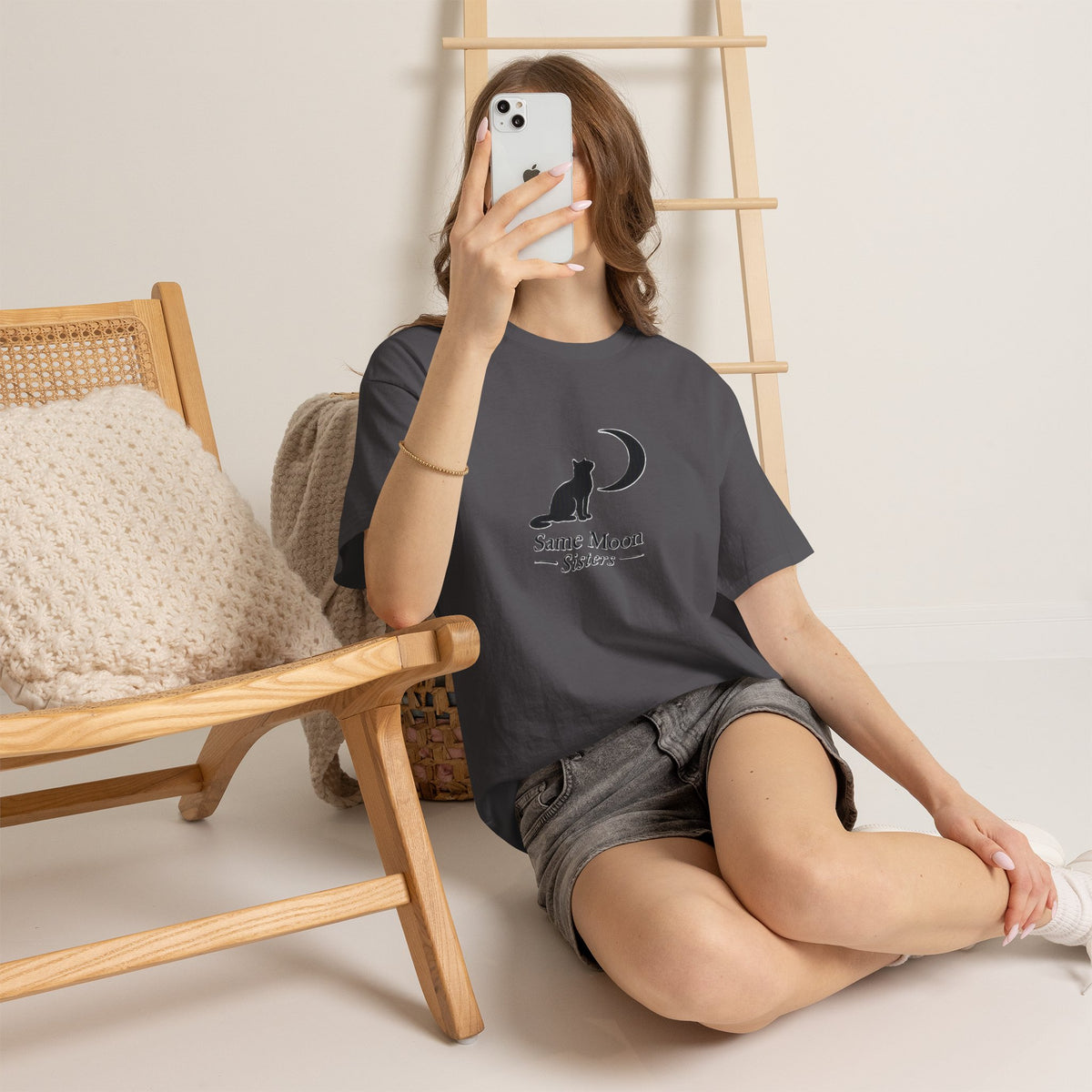 Cat & Crescent Moon Graphic Tee — Same Moon Sisters product image