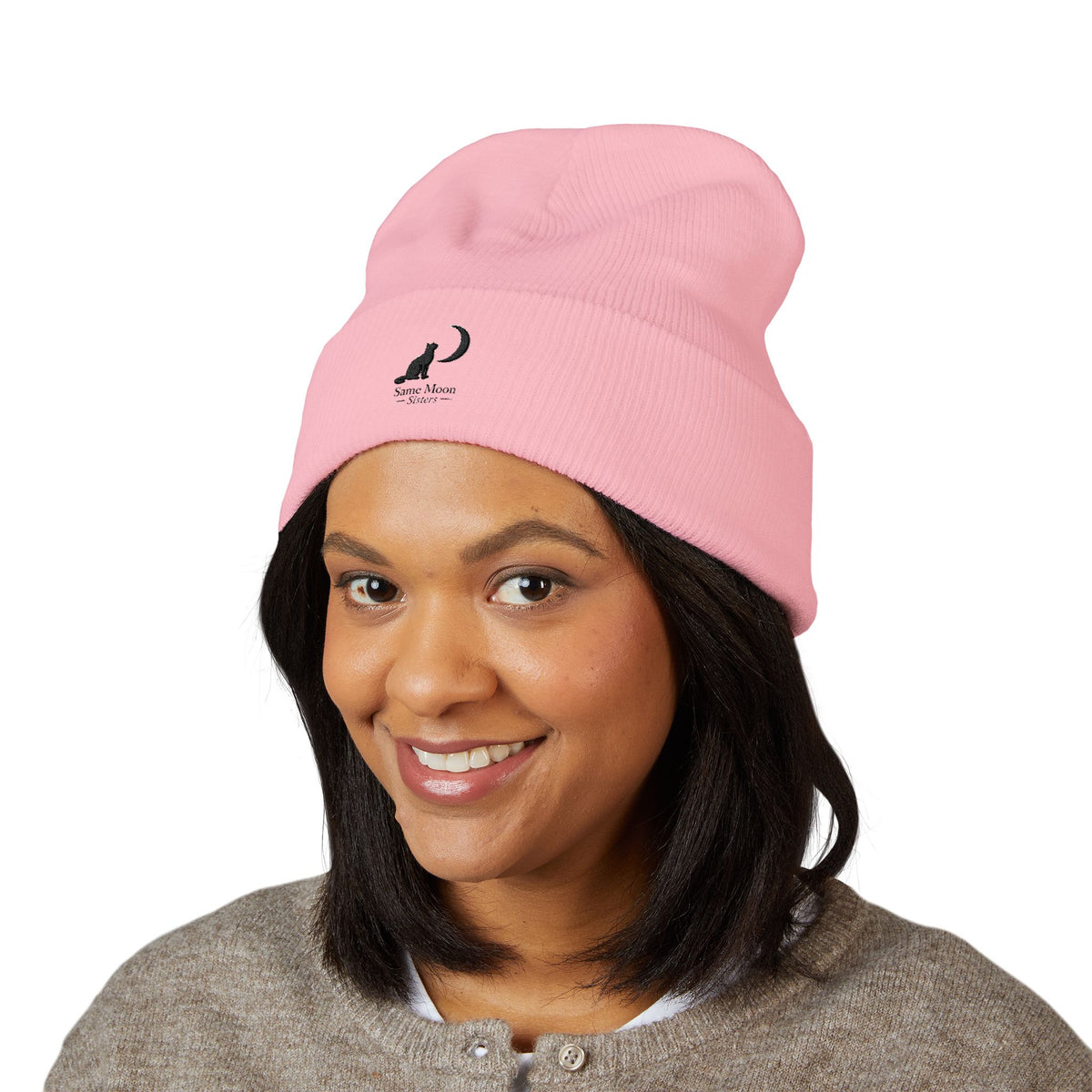 Cat & Crescent Moon Cuffed Beanie — Same Moon Sisters product image