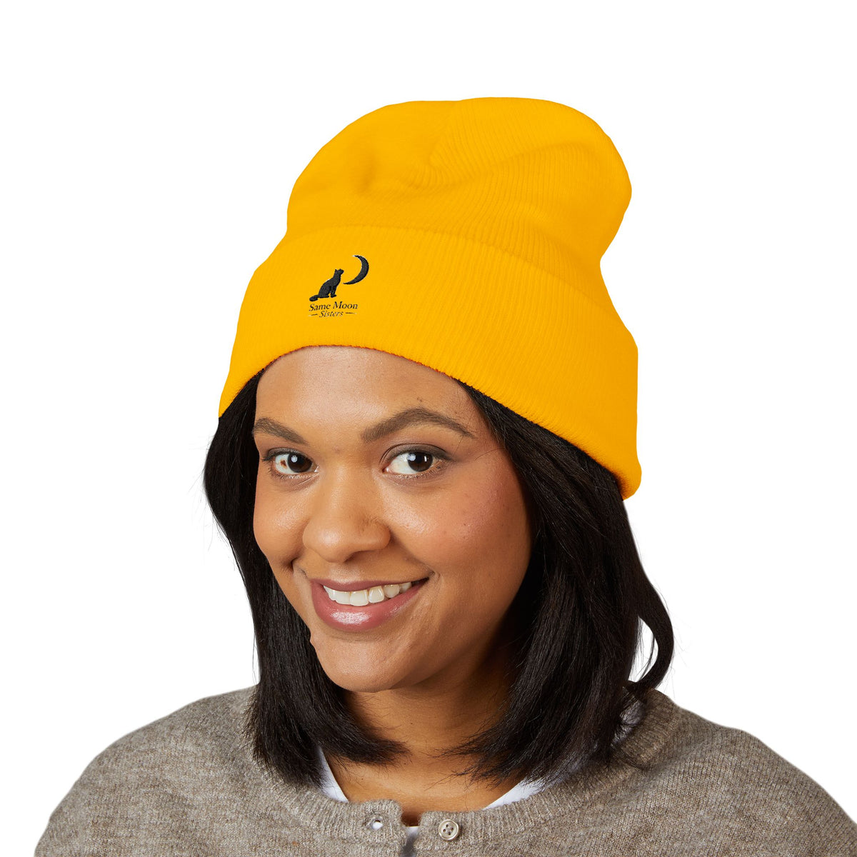 Cat & Crescent Moon Cuffed Beanie — Same Moon Sisters product image