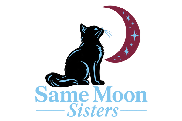 Same Moon Sisters logo with a black cat, burgundy crescent moon and light blue lettering
